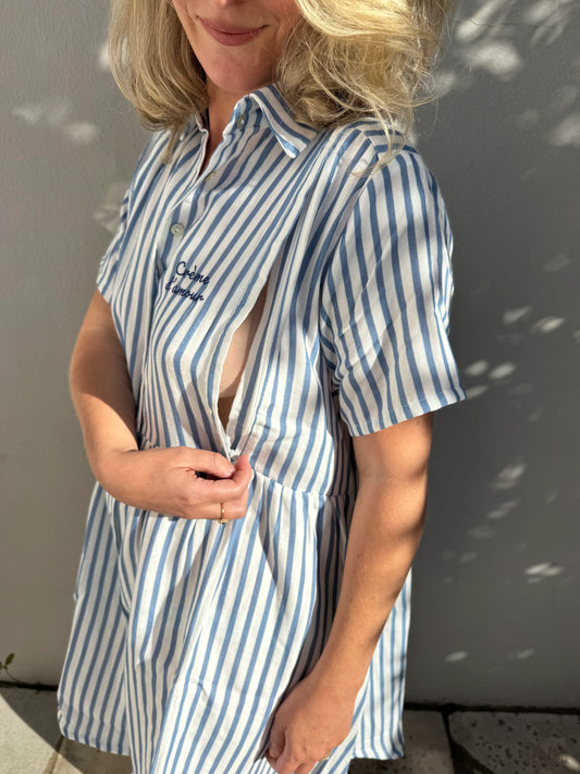 Robe Grossesse et Allaitement rayée bleu et crème.