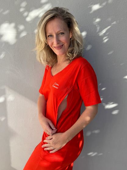 Robe Longue d'allaitement Col V en coton rouge - Crème d'Amour