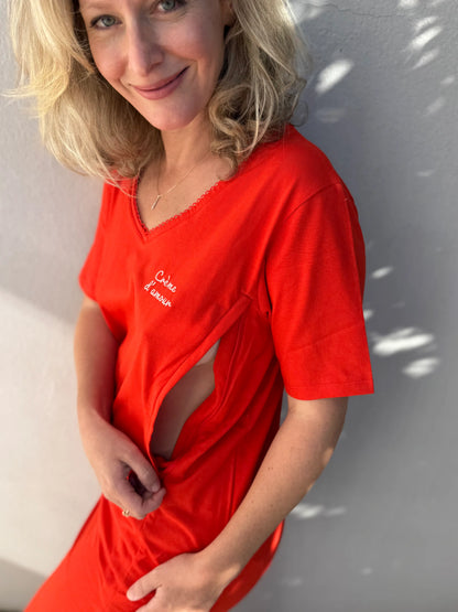 Robe Longue d'allaitement Col V en coton rouge - Crème d'Amour