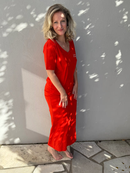 Robe Longue d'allaitement Col V en coton rouge - Crème d'Amour