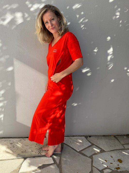 Robe Longue Maternité Allaitement Coton Bio Rouge