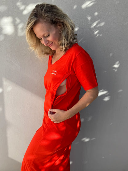 Robe Longue d'allaitement Col V en coton rouge - Crème d'Amour