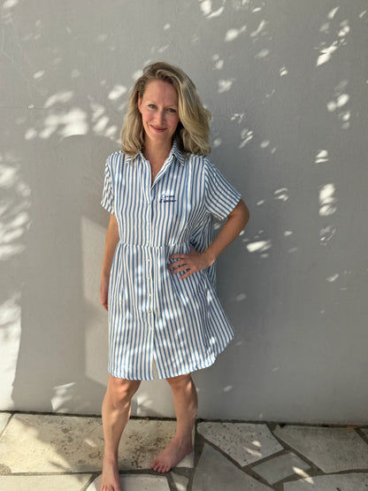 Robe Grossesse et Allaitement rayée bleu et crème.